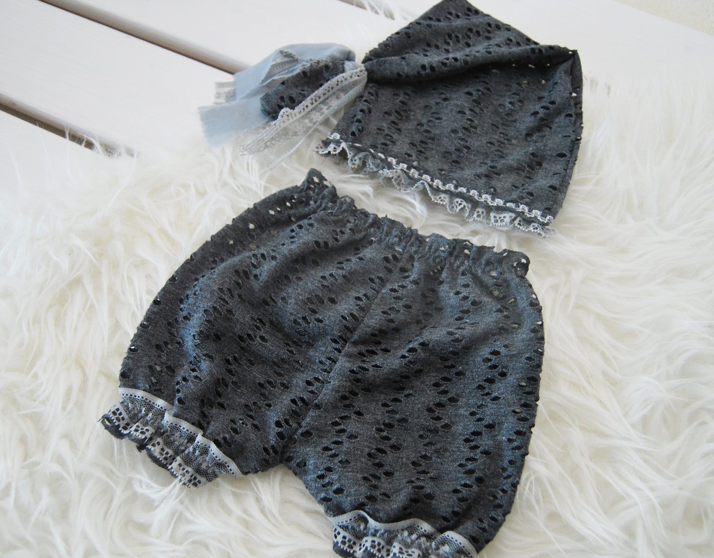 Photo outfit: newborn bloomers & sleepy hat, lace baby girl photo prop outfit - Dark gray