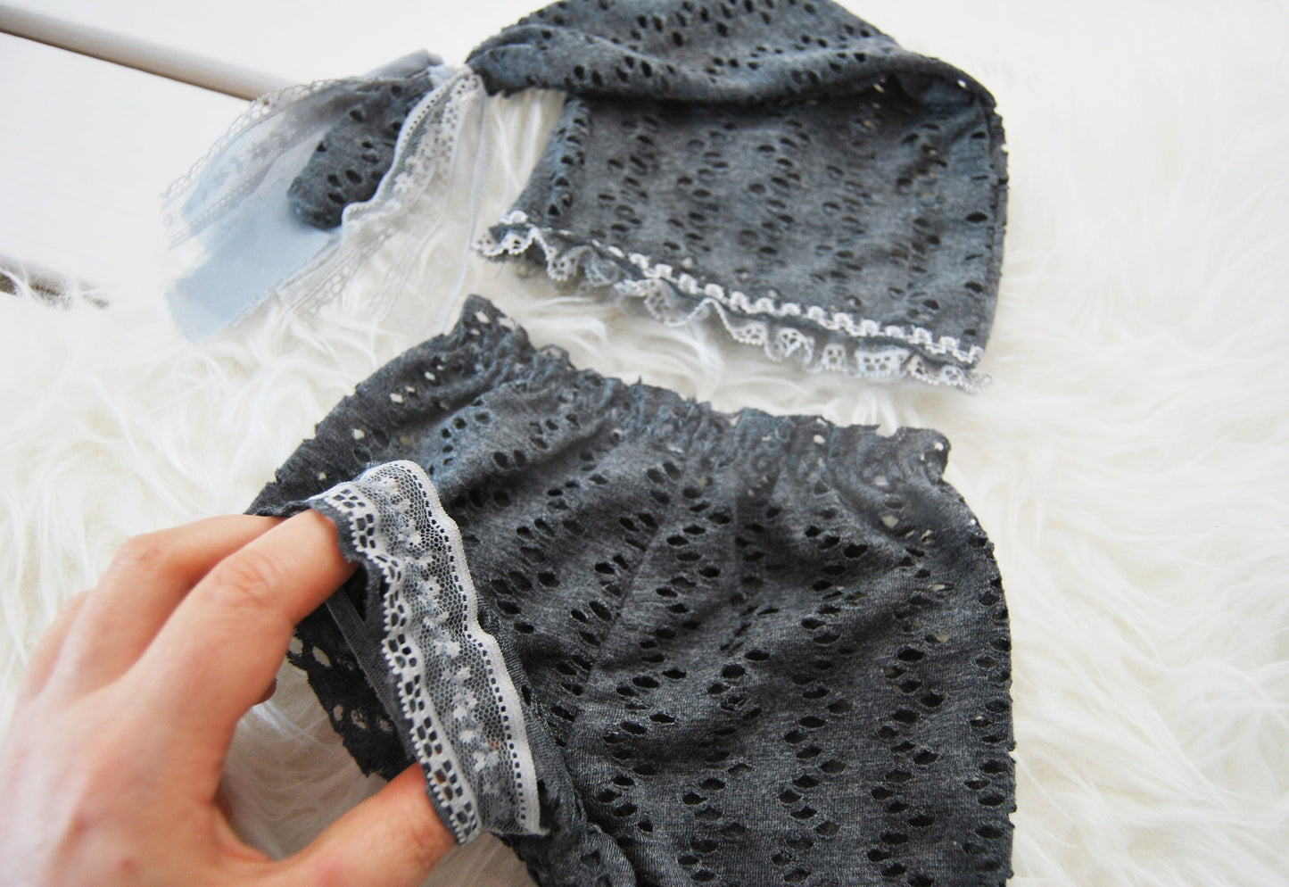 Photo outfit: newborn bloomers & sleepy hat, lace baby girl photo prop outfit - Dark gray