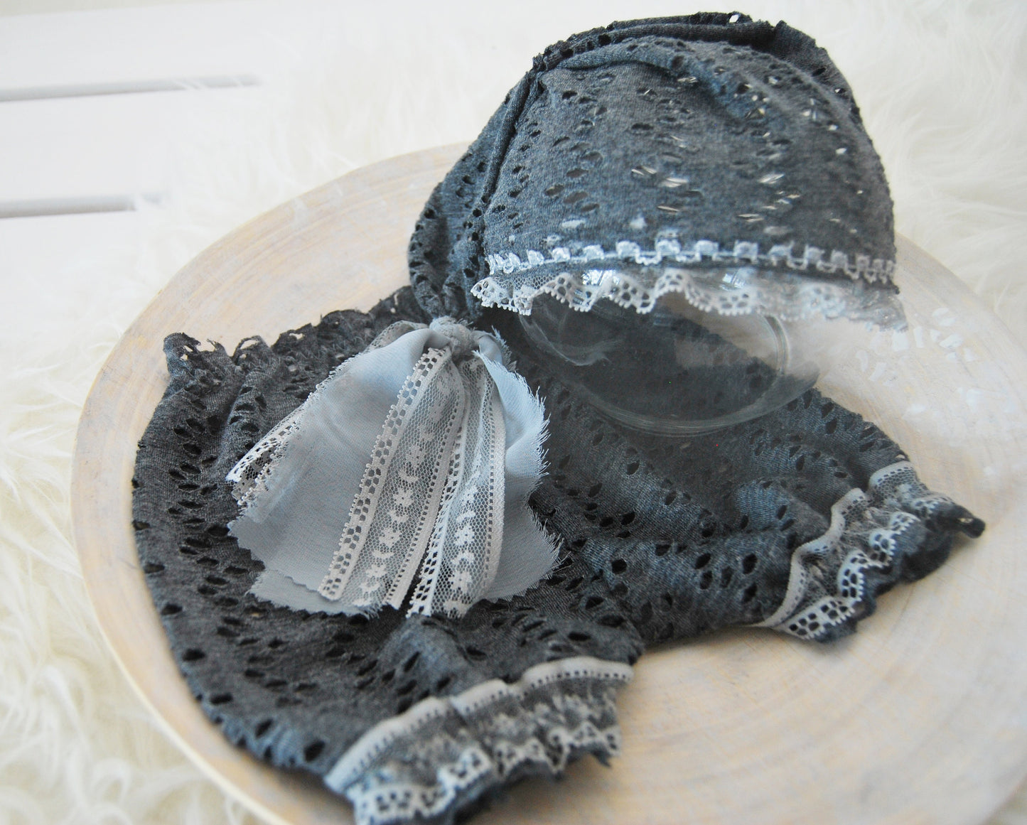 Photo outfit: newborn bloomers & sleepy hat, lace baby girl photo prop outfit - Dark gray