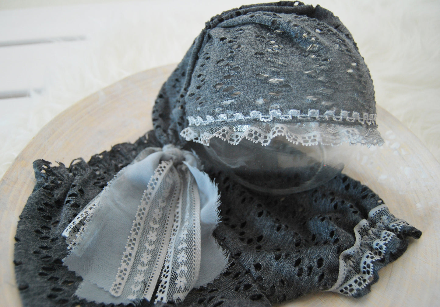 Photo outfit: newborn bloomers & sleepy hat, lace baby girl photo prop outfit - Dark gray