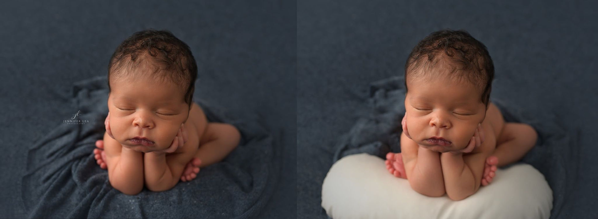 Example of how to use the large newborn posing pillow with baby in froggy pose