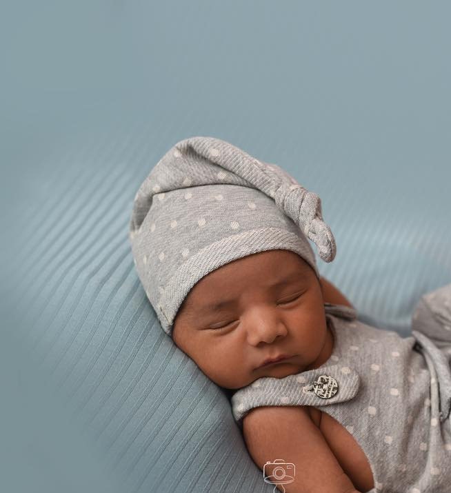 Newborn boy knot hat, gray polka dot sleepy hat for newborn photography shoots, newborn prop