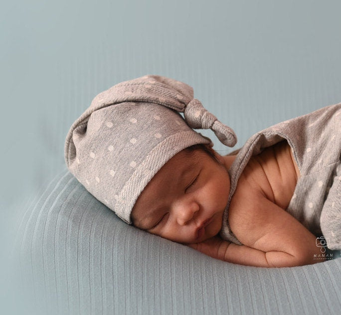 Newborn boy knot hat, gray polka dot sleepy hat for newborn photography shoots, newborn prop