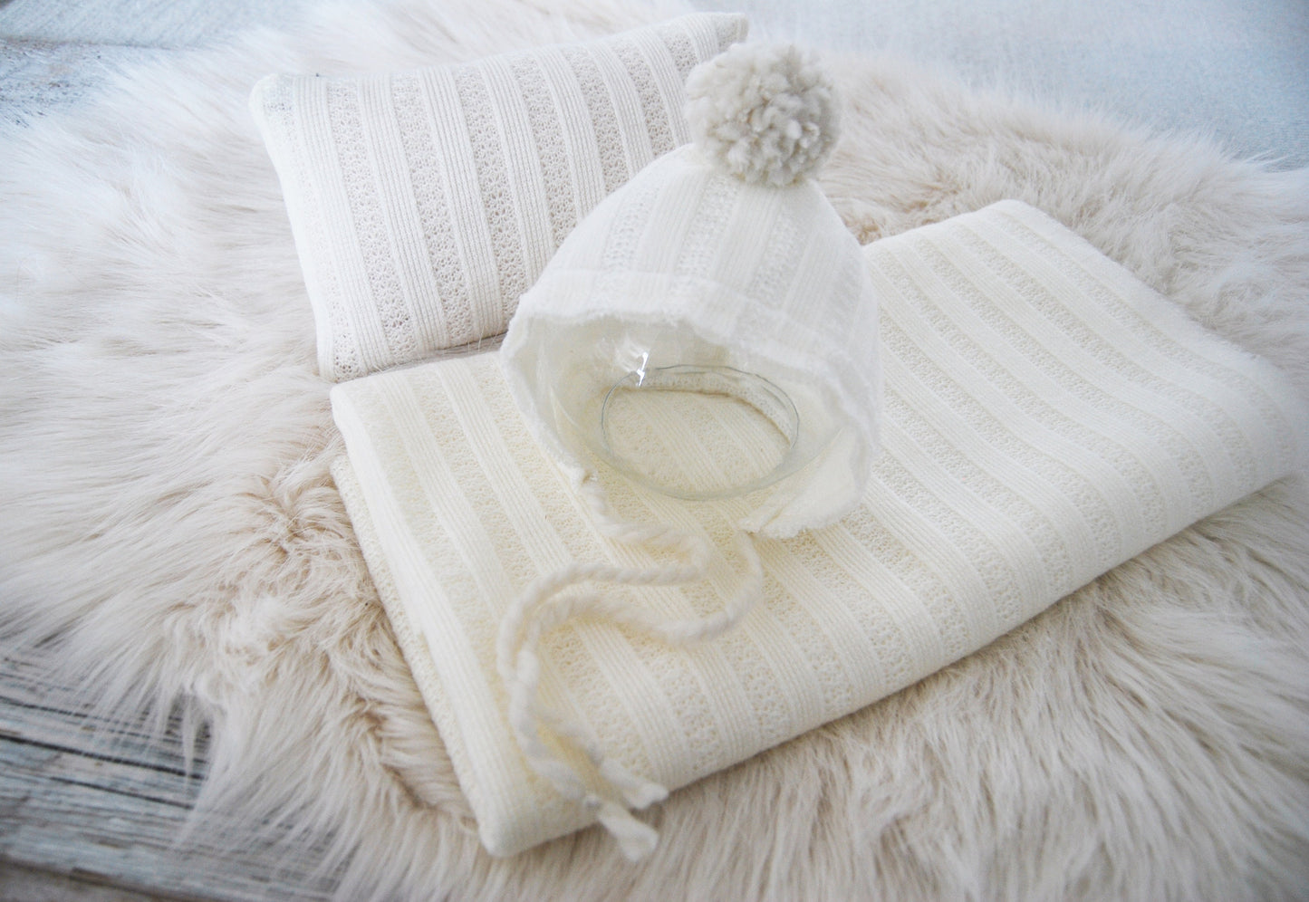 Newborn photo prop set: bonnet, wrap, posing pillow; newborn bonnet photography prop