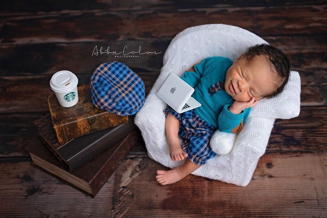 Newborn boy outfit: romper, pants, flat cap - newborn photography prop outfit