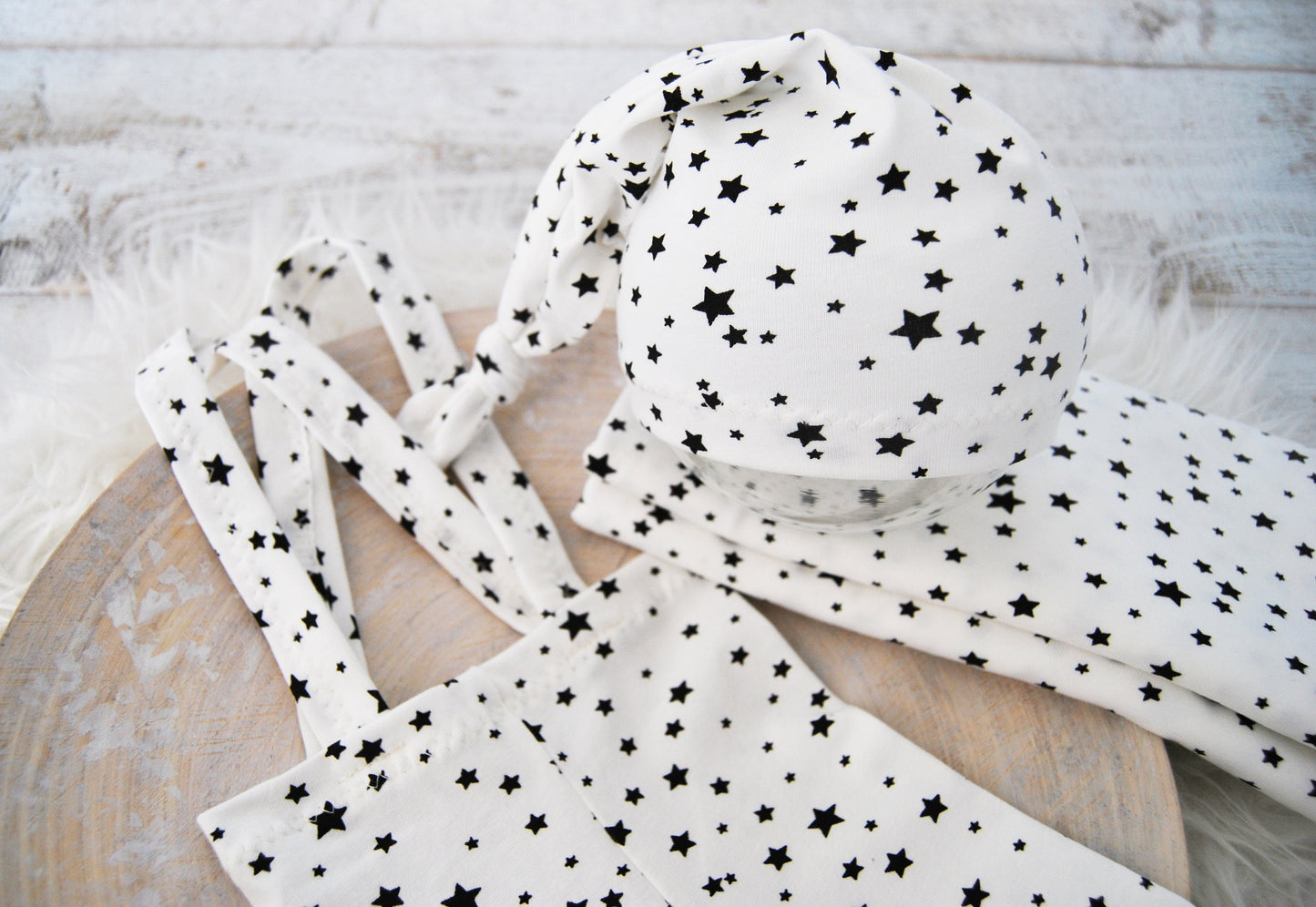 Newborn outfit set: suspender pants, sleepy hat, fabric wrap, white with black stars photo prop