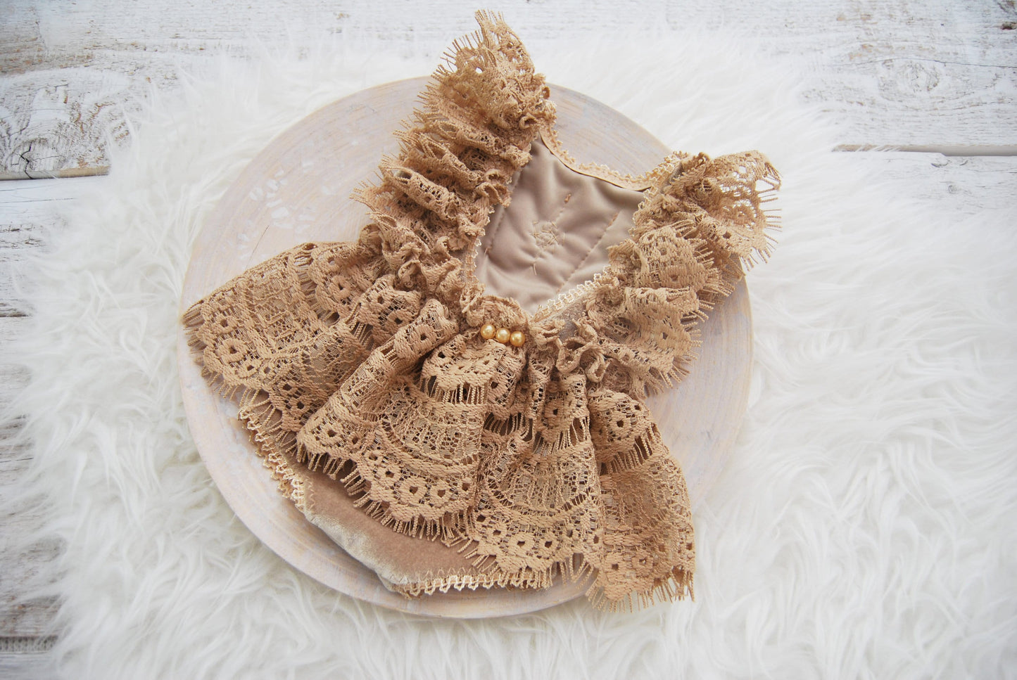 Sitter baby gown romper, beige lace SITTER romper photography prop, baby photo props