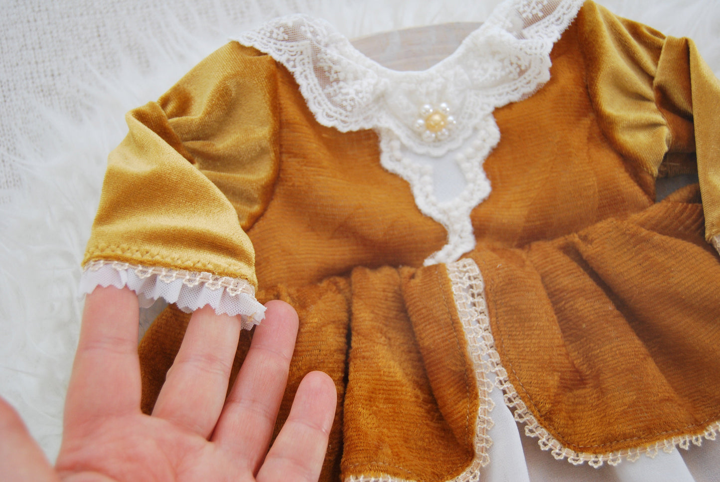 Newborn girl dress photo prop, ochre velvet baby girl romper photo prop newborn