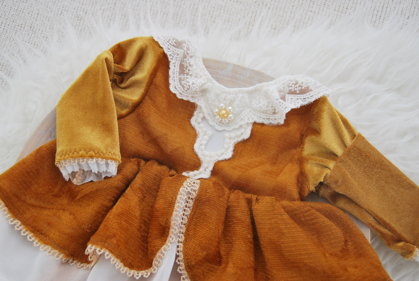 Newborn girl dress photo prop, ochre velvet baby girl romper photo prop newborn