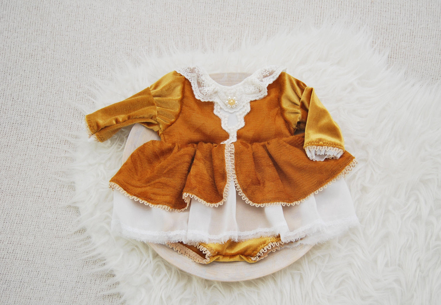 Newborn girl dress photo prop, ochre velvet baby girl romper photo prop newborn