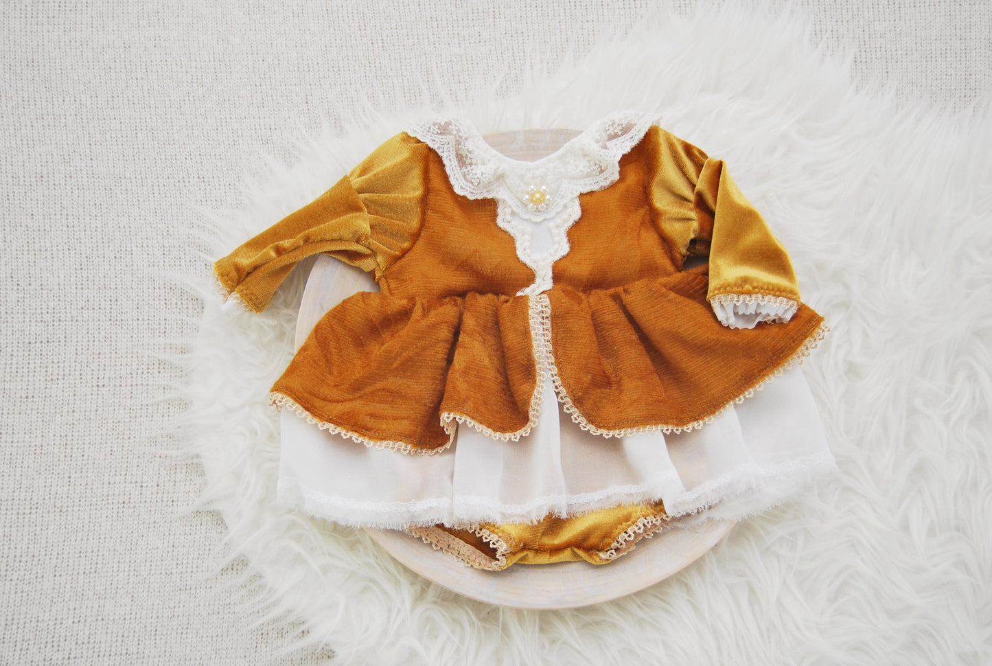 Newborn girl dress photo prop, ochre velvet baby girl romper photo prop newborn