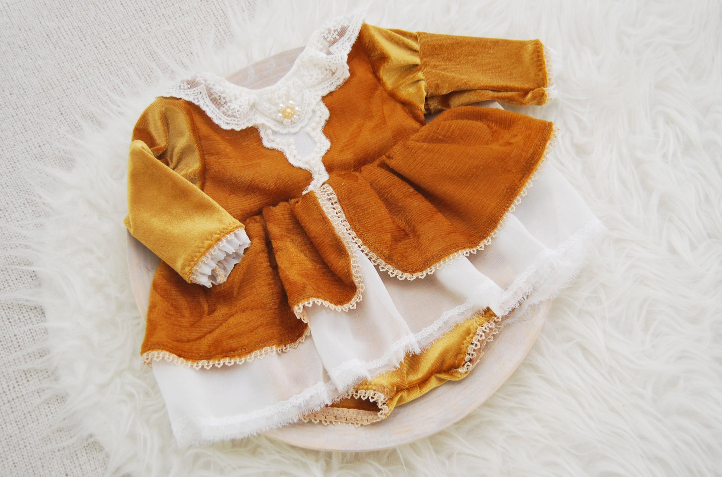 Newborn girl dress photo prop, ochre velvet baby girl romper photo prop newborn