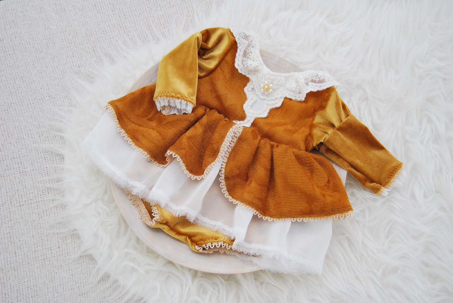 Newborn girl dress photo prop, ochre velvet baby girl romper photo prop newborn