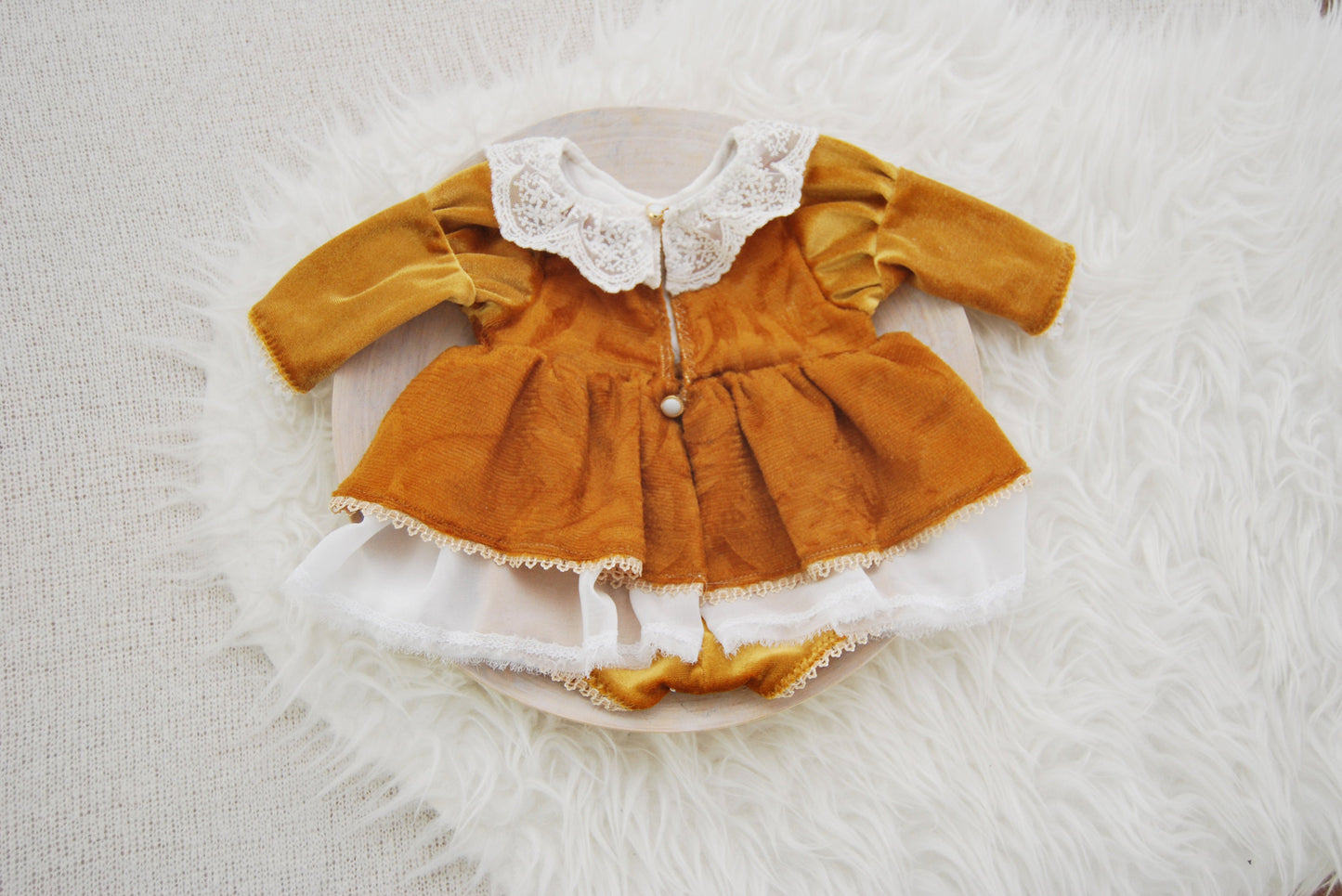 Newborn girl dress photo prop, ochre velvet baby girl romper photo prop newborn