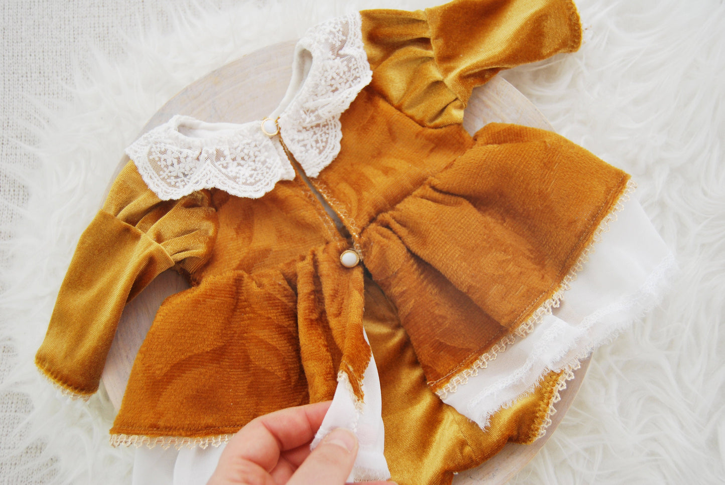 Newborn girl dress photo prop, ochre velvet baby girl romper photo prop newborn