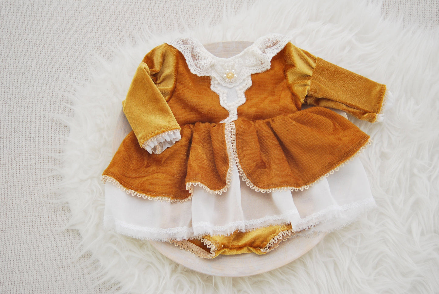 Newborn girl dress photo prop, ochre velvet baby girl romper photo prop newborn