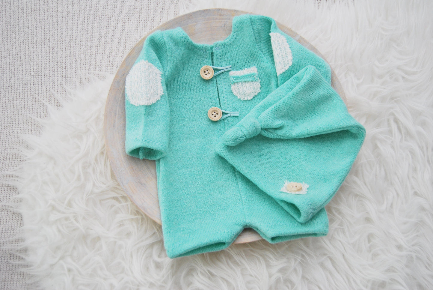 Newborn boy set: romper, pants, hat, posing pillow; knit baby boy outfit photography prop - mint green