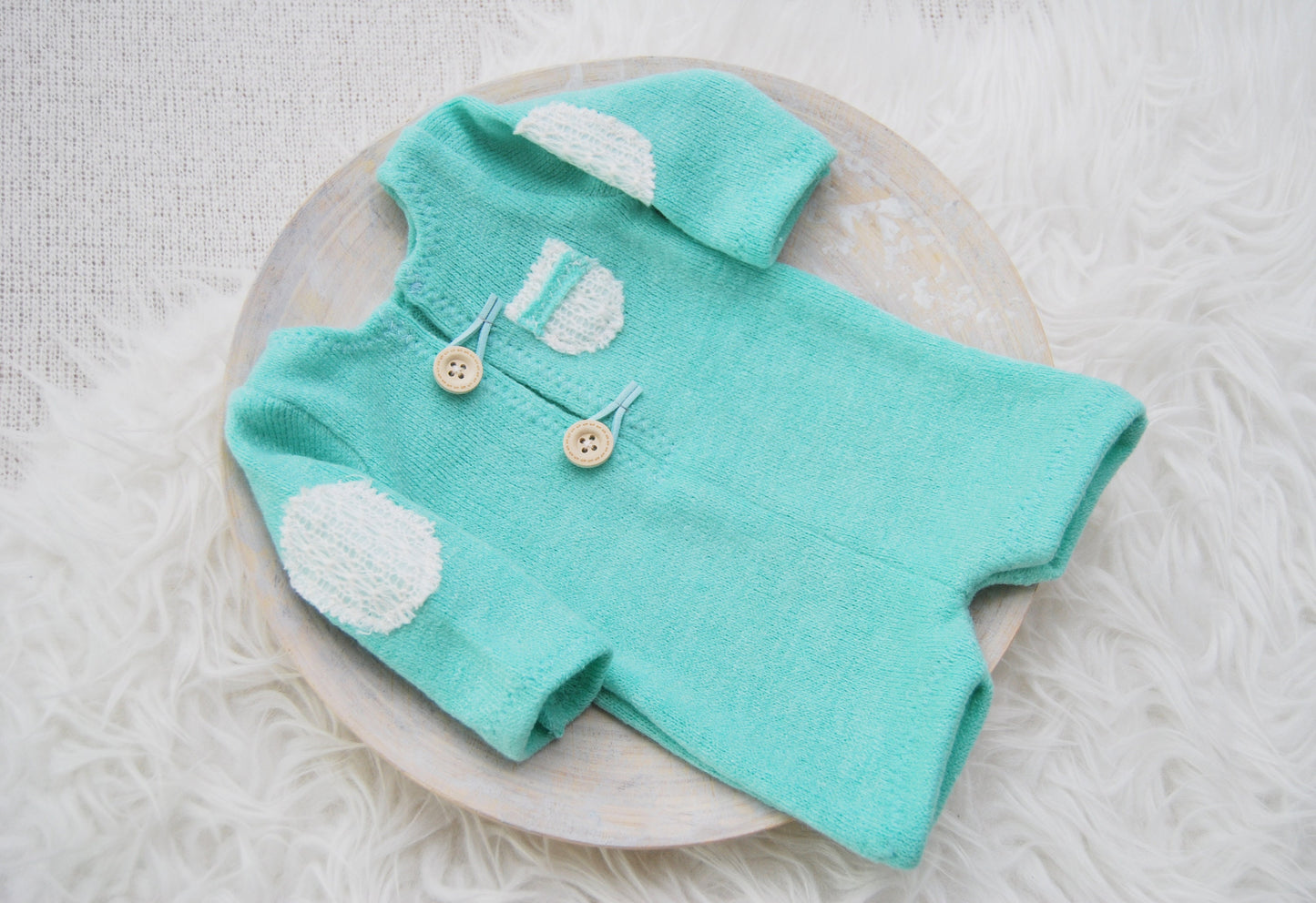 Newborn boy set: romper, pants, hat, posing pillow; knit baby boy outfit photography prop - mint green