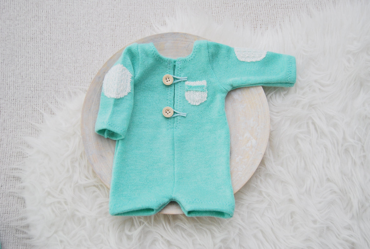 Newborn boy set: romper, pants, hat, posing pillow; knit baby boy outfit photography prop - mint green