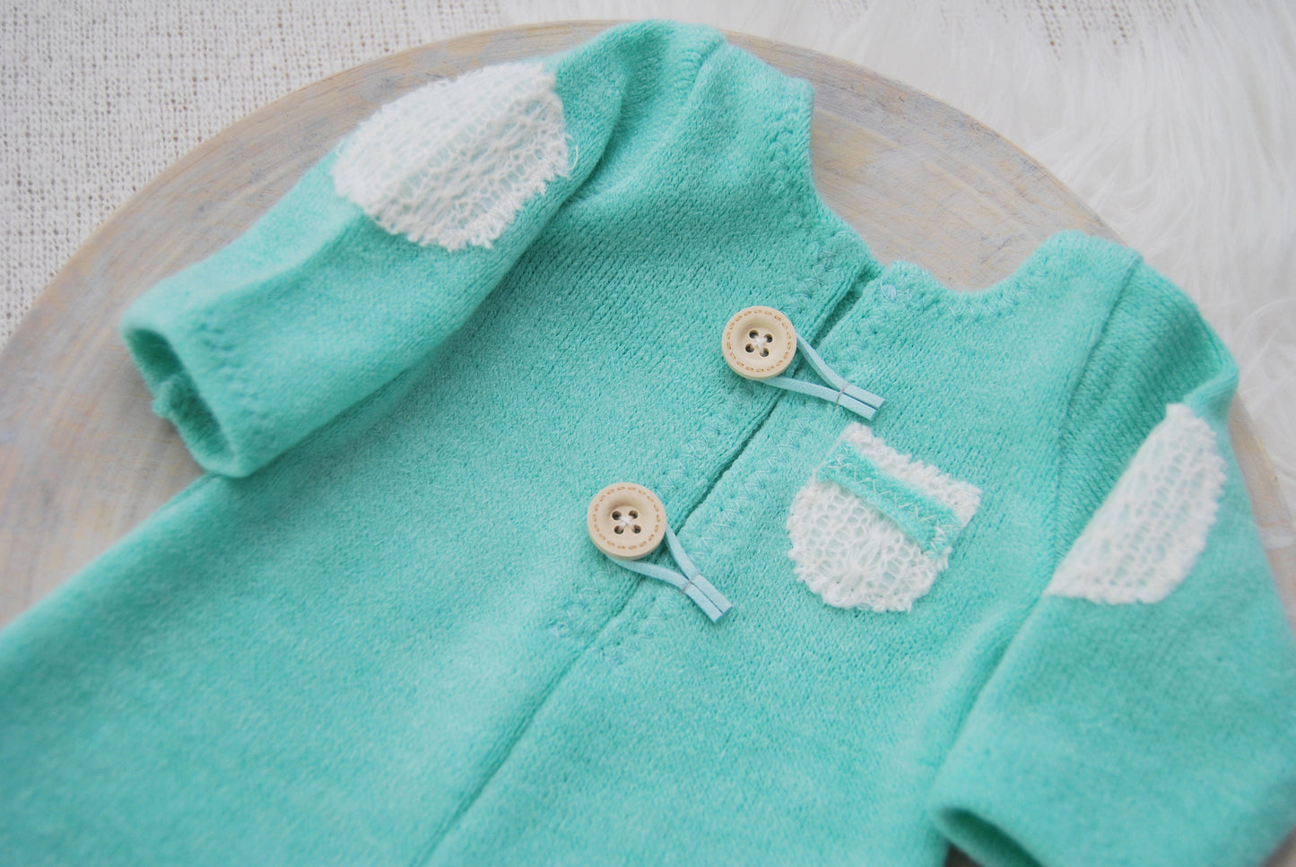 Newborn boy set: romper, pants, hat, posing pillow; knit baby boy outfit photography prop - mint green