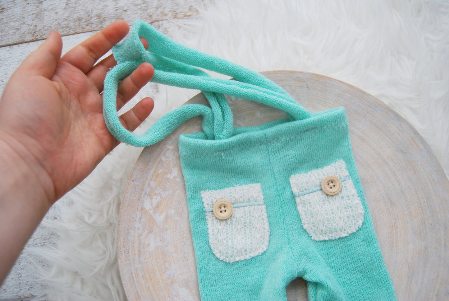 Newborn boy set: romper, pants, hat, posing pillow; knit baby boy outfit photography prop - mint green