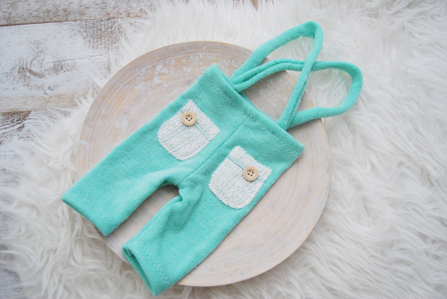 Newborn boy set: romper, pants, hat, posing pillow; knit baby boy outfit photography prop - mint green