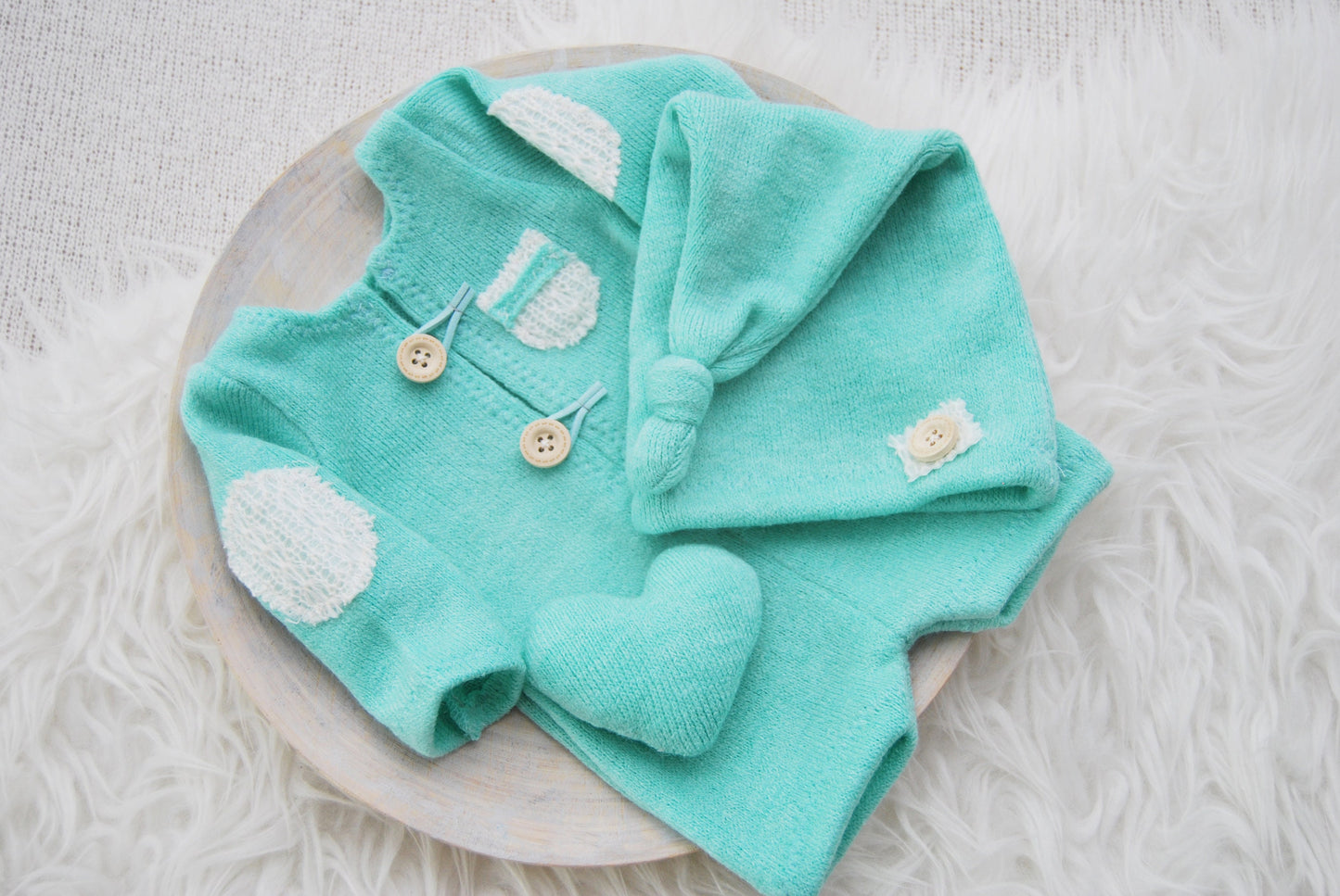 Newborn boy set: romper, pants, hat, posing pillow; knit baby boy outfit photography prop - mint green