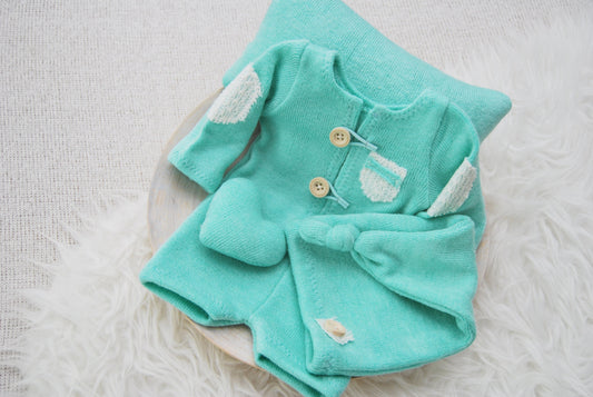 Newborn boy set: romper, pants, hat, posing pillow; knit baby boy outfit photography prop - mint green