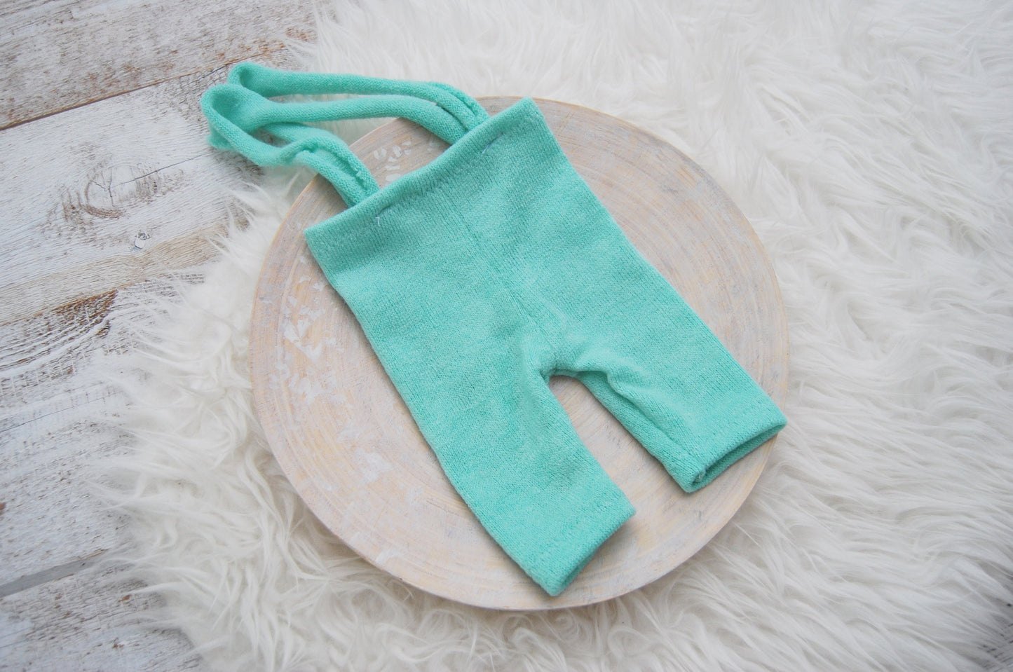 Newborn boy set: romper, pants, hat, posing pillow; knit baby boy outfit photography prop - mint green