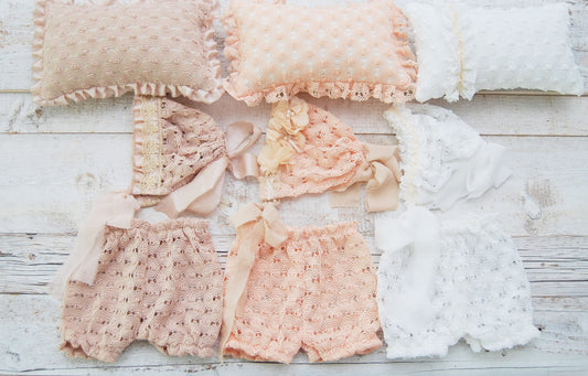 Newborn photo outfit for girls: lace bonnet and bloomers in white, peach and beige color options