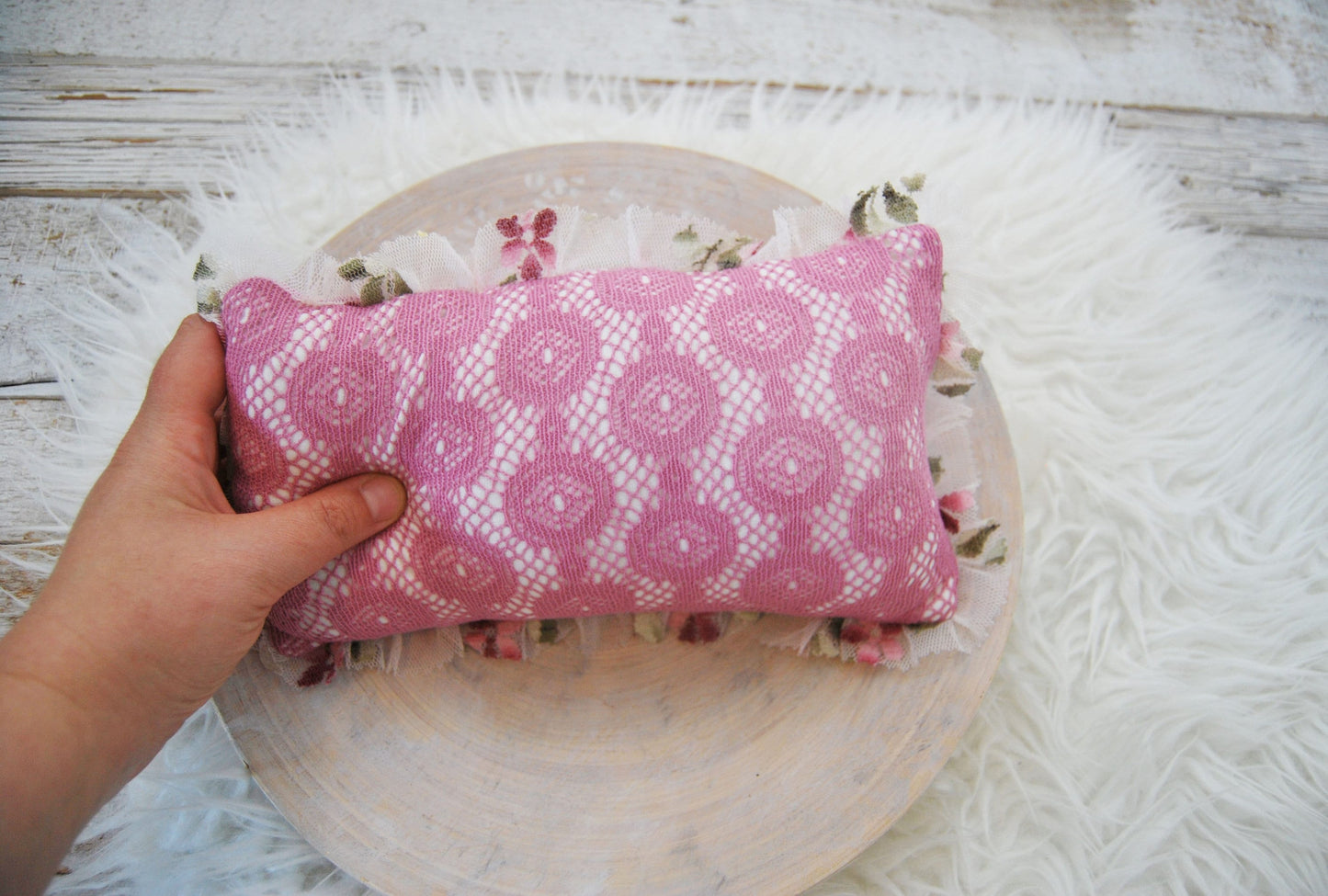 Lace posing pillow photography prop, newborn pillow for first photo shoot and cuddle toy, pink