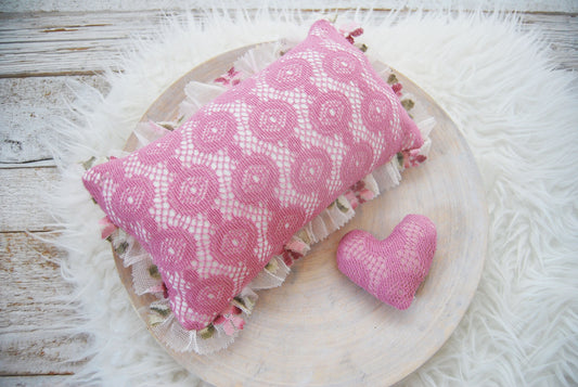 Lace posing pillow photography prop, newborn pillow for first photo shoot & cuddle toy, pink