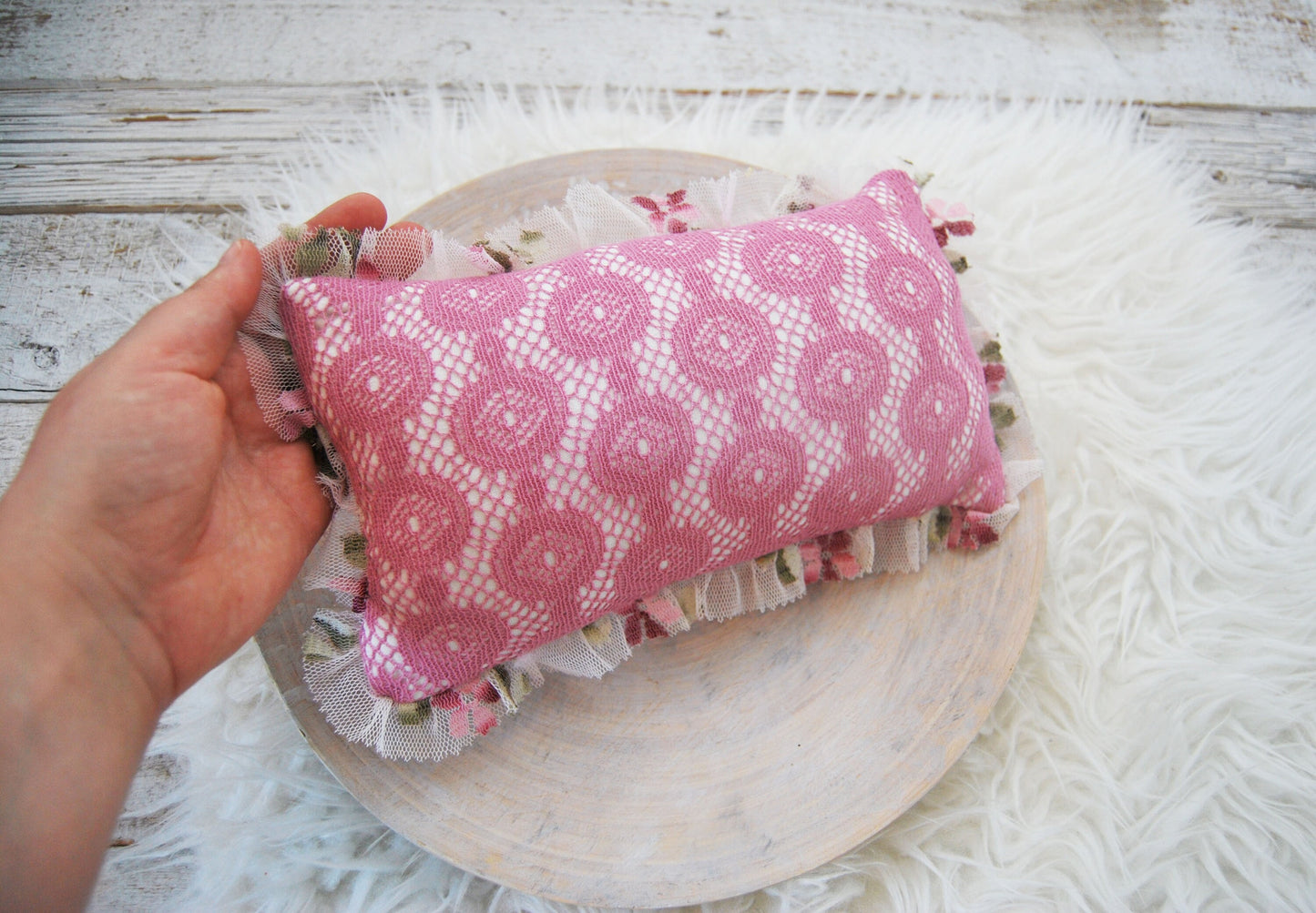 Lace posing pillow photography prop, newborn pillow for first photo shoot and cuddle toy, pink