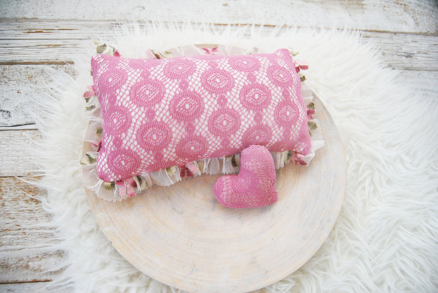 Lace posing pillow photography prop, newborn pillow for first photo shoot and cuddle toy, pink