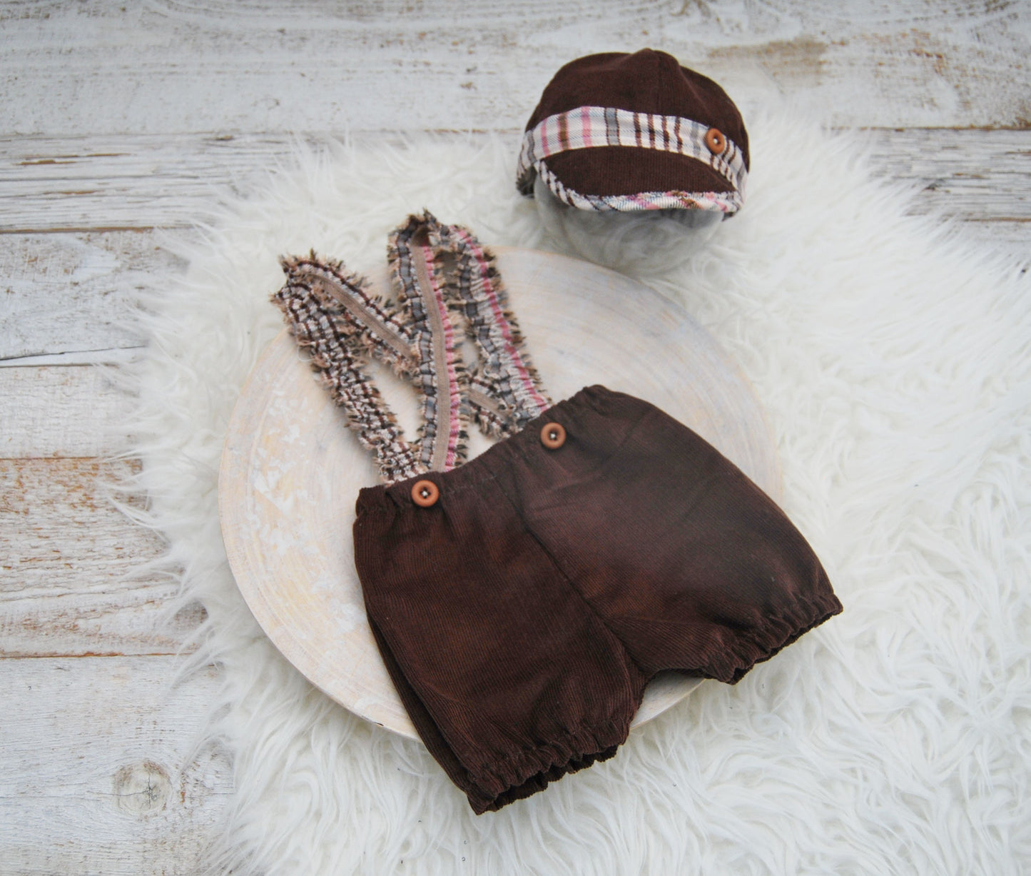 Baby boy outfit and hat, newborn photo prop suspender pants & cap - brown velvet