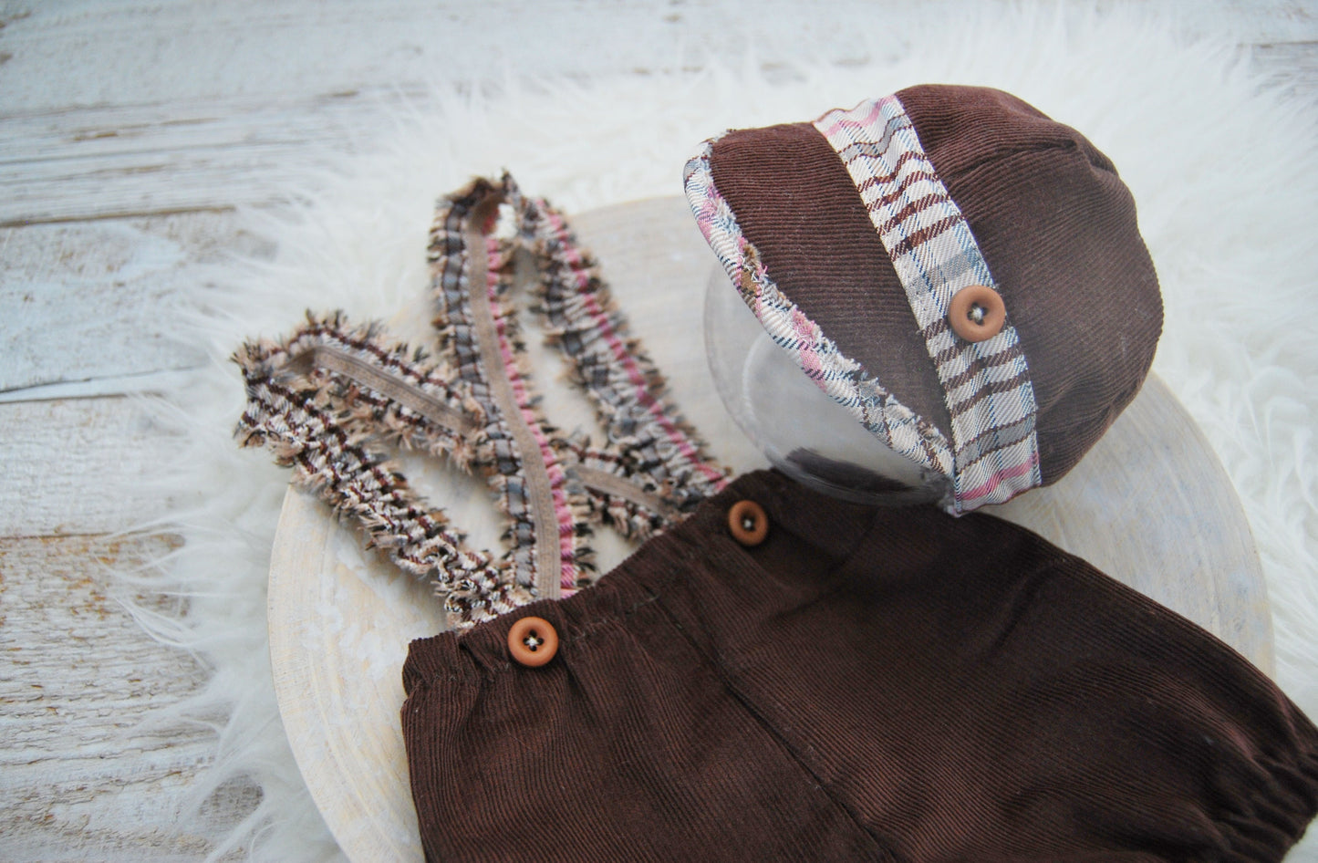 Baby boy outfit and hat, newborn photo prop suspender pants & cap - brown velvet