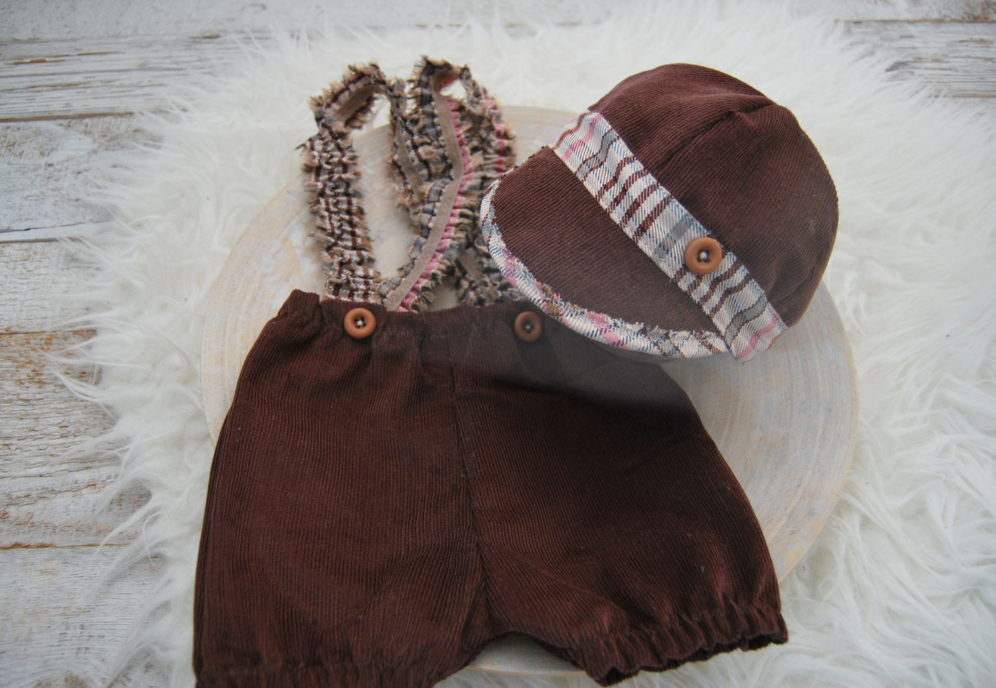 Baby boy outfit and hat, newborn photo prop suspender pants & cap - brown velvet