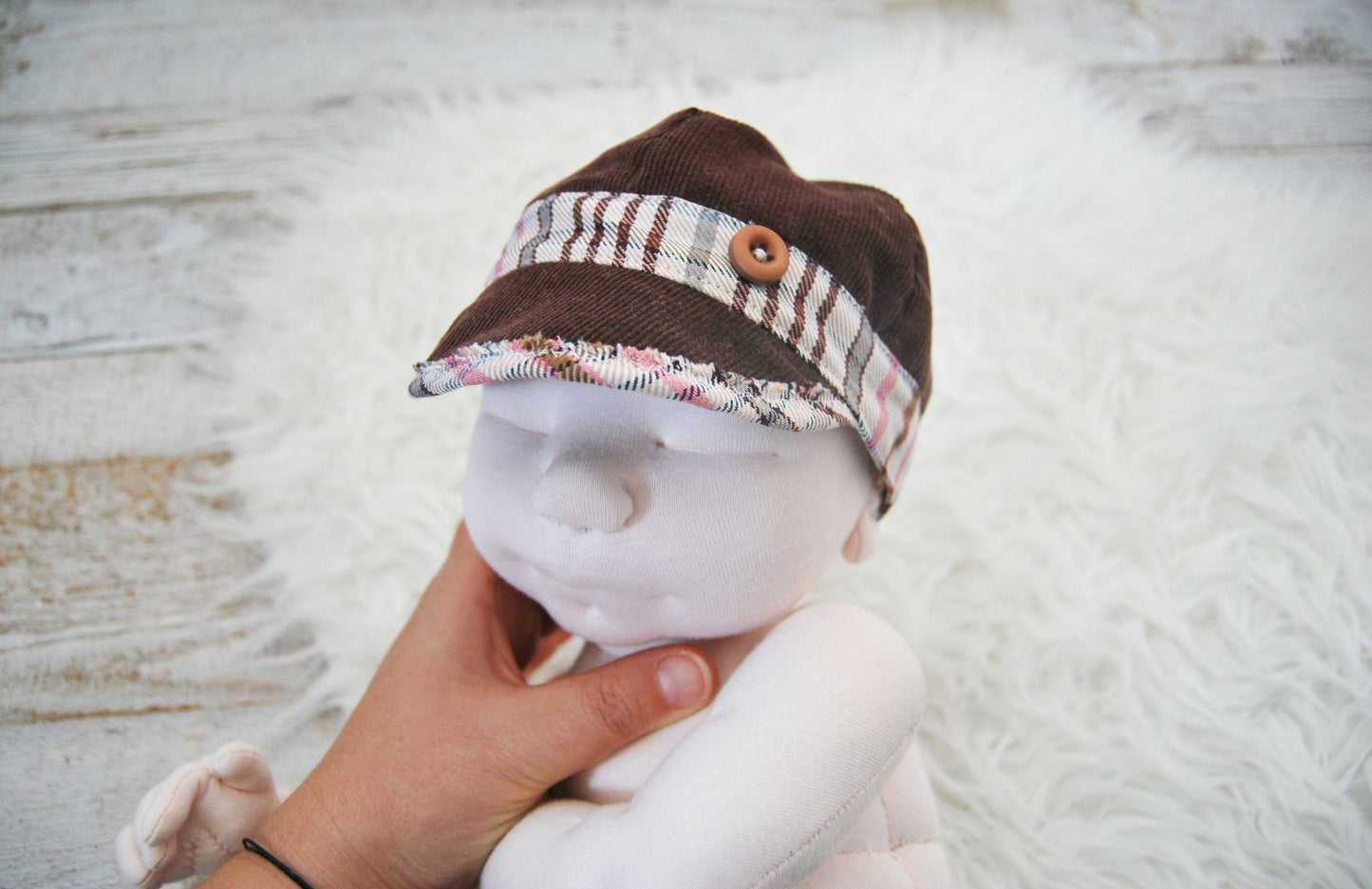 Baby boy outfit and hat, newborn photo prop suspender pants & cap - brown velvet