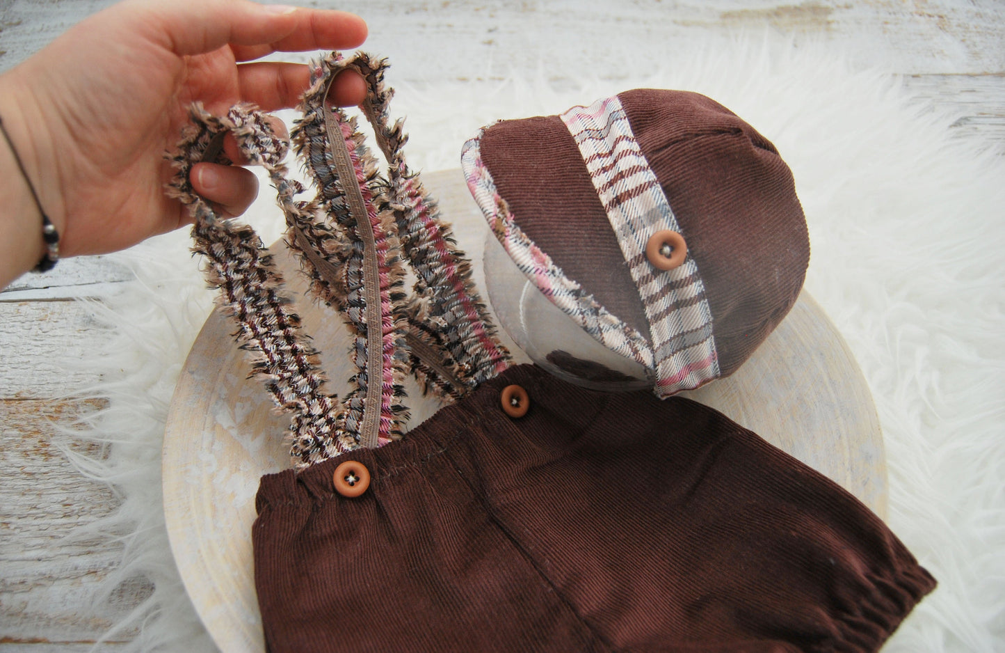 Baby boy outfit and hat, newborn photo prop suspender pants & cap - brown velvet