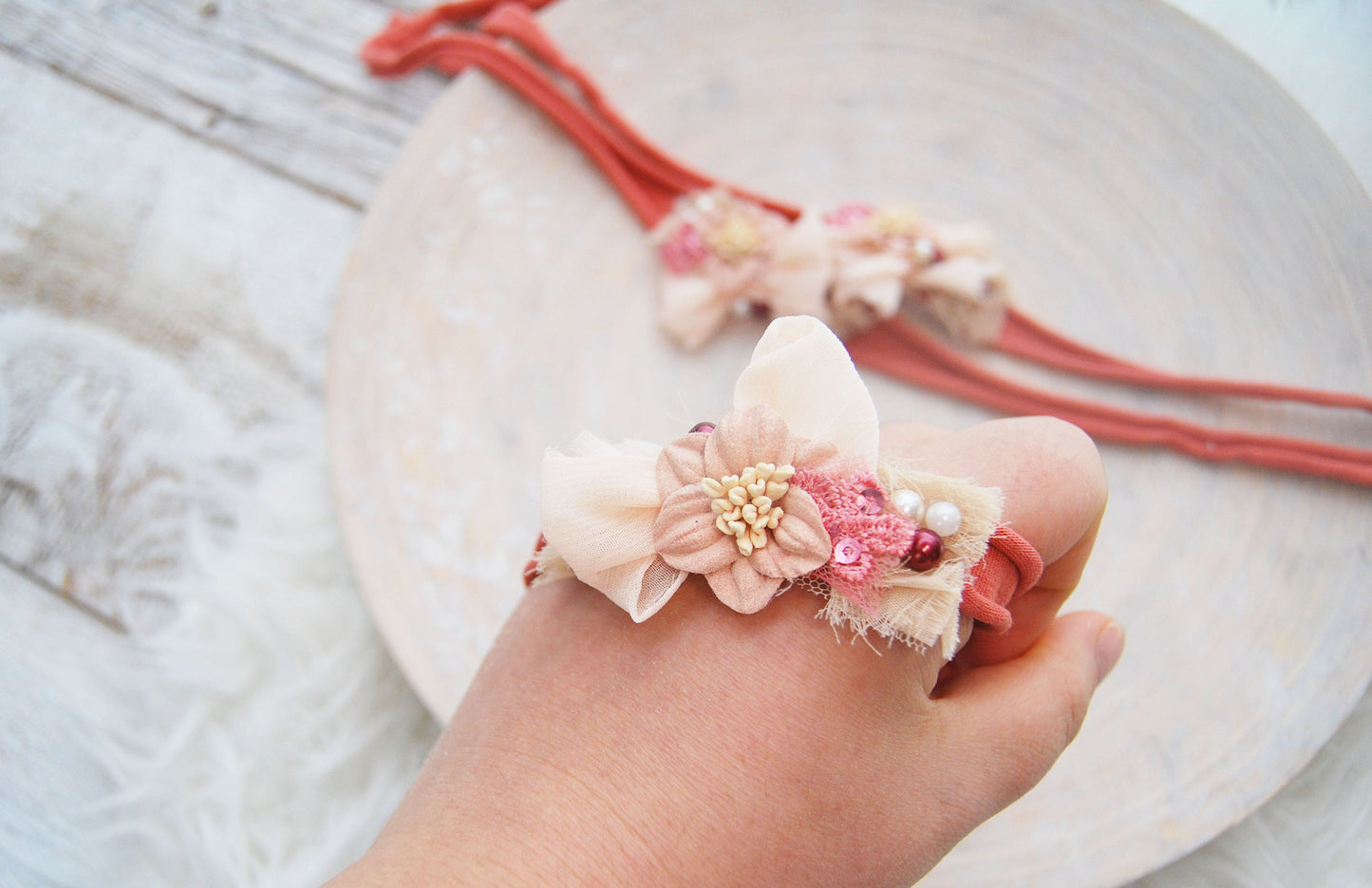 Coral pink baby headband, flower headband for photography, newborn tieback headband with lace and pearls