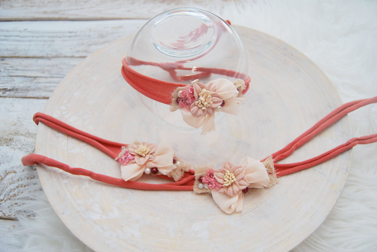 Coral pink baby headband, flower headband for photography, newborn tieback headband with lace and pearls