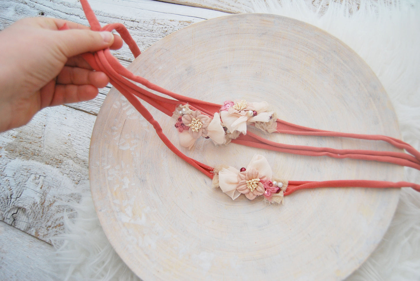 Coral pink baby headband, flower headband for photography, newborn tieback headband with lace and pearls