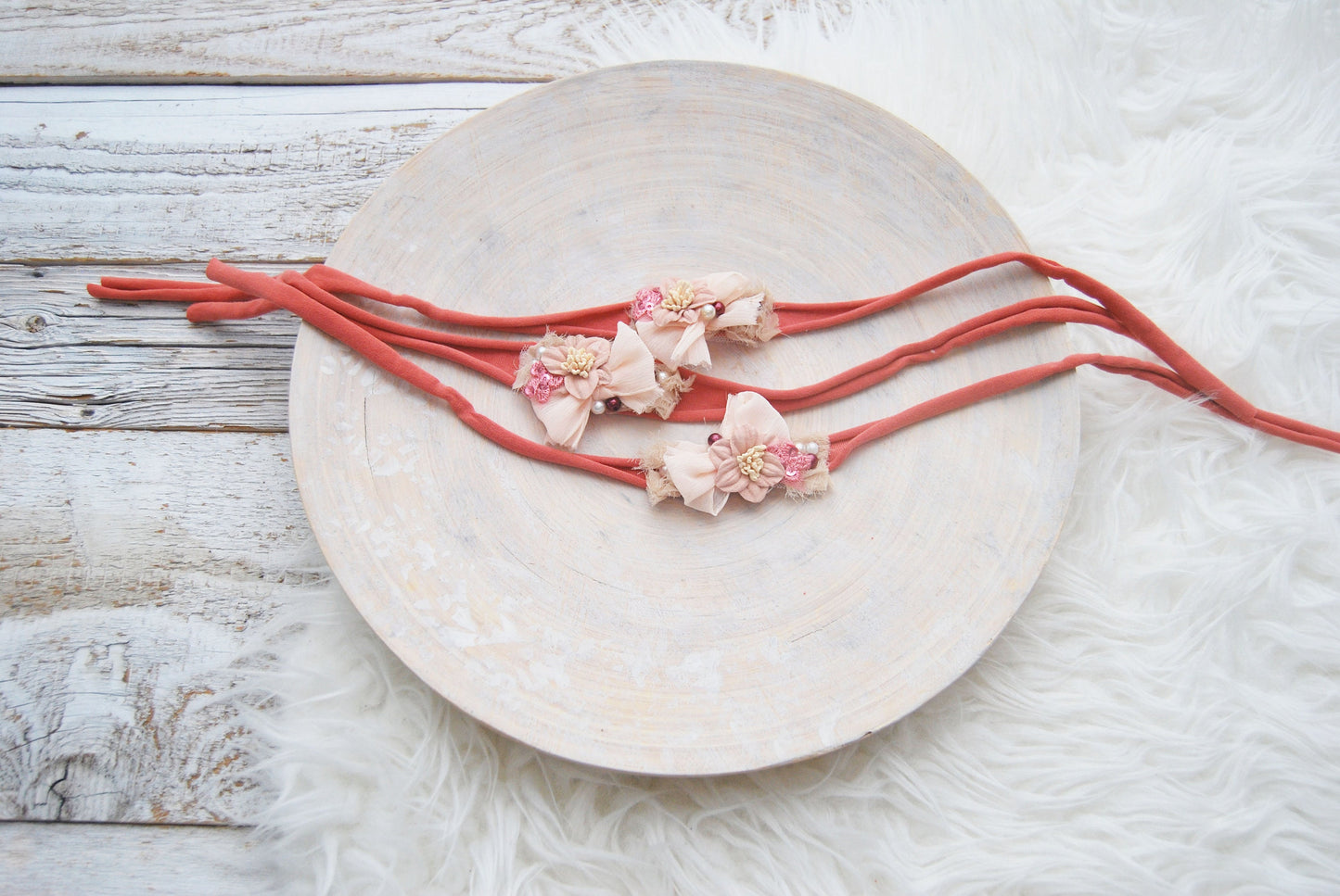 Coral pink baby headband, flower headband for photography, newborn tieback headband with lace and pearls