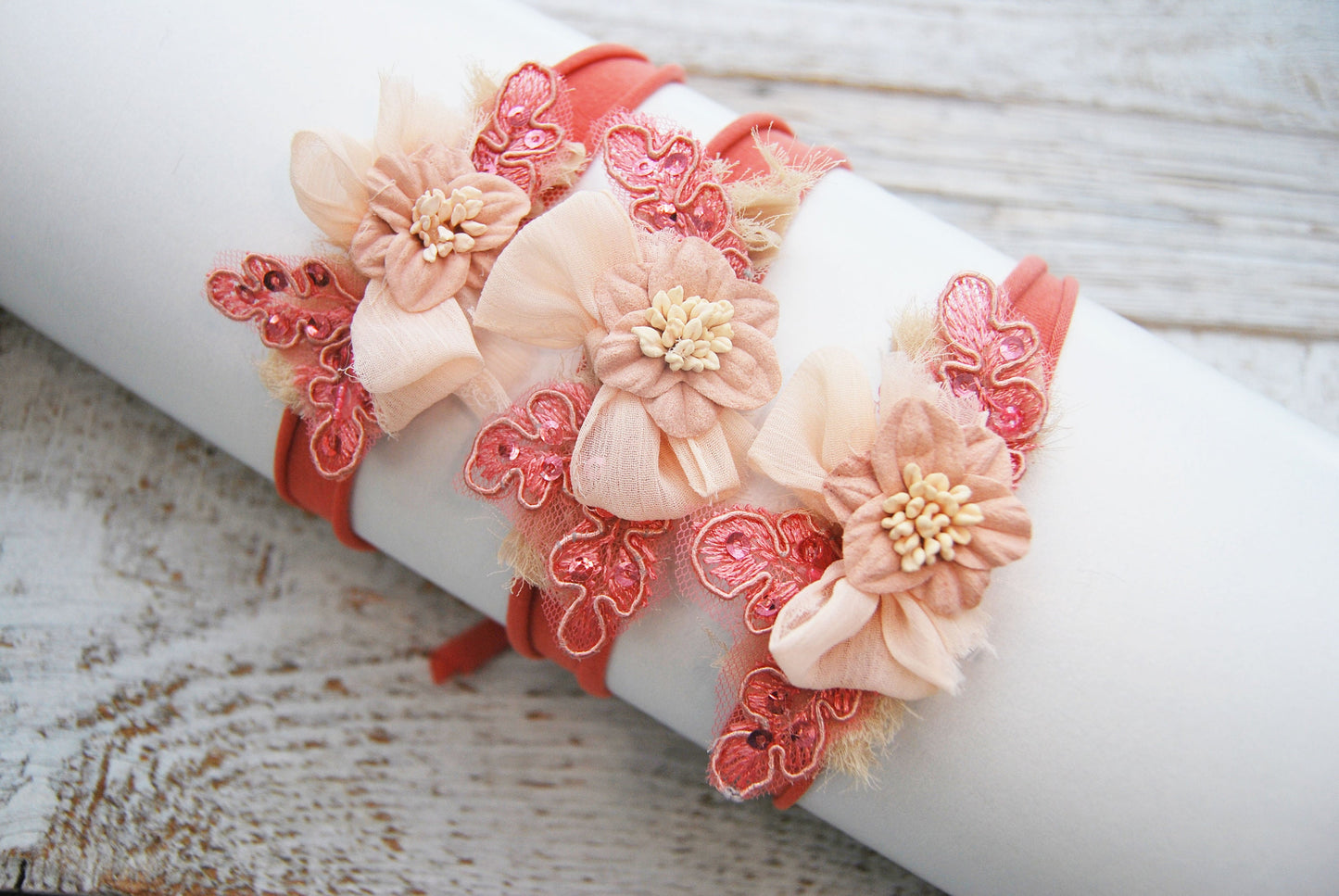 Coral pink baby headband, flower headband for photography, newborn tieback headband with lace and pearls