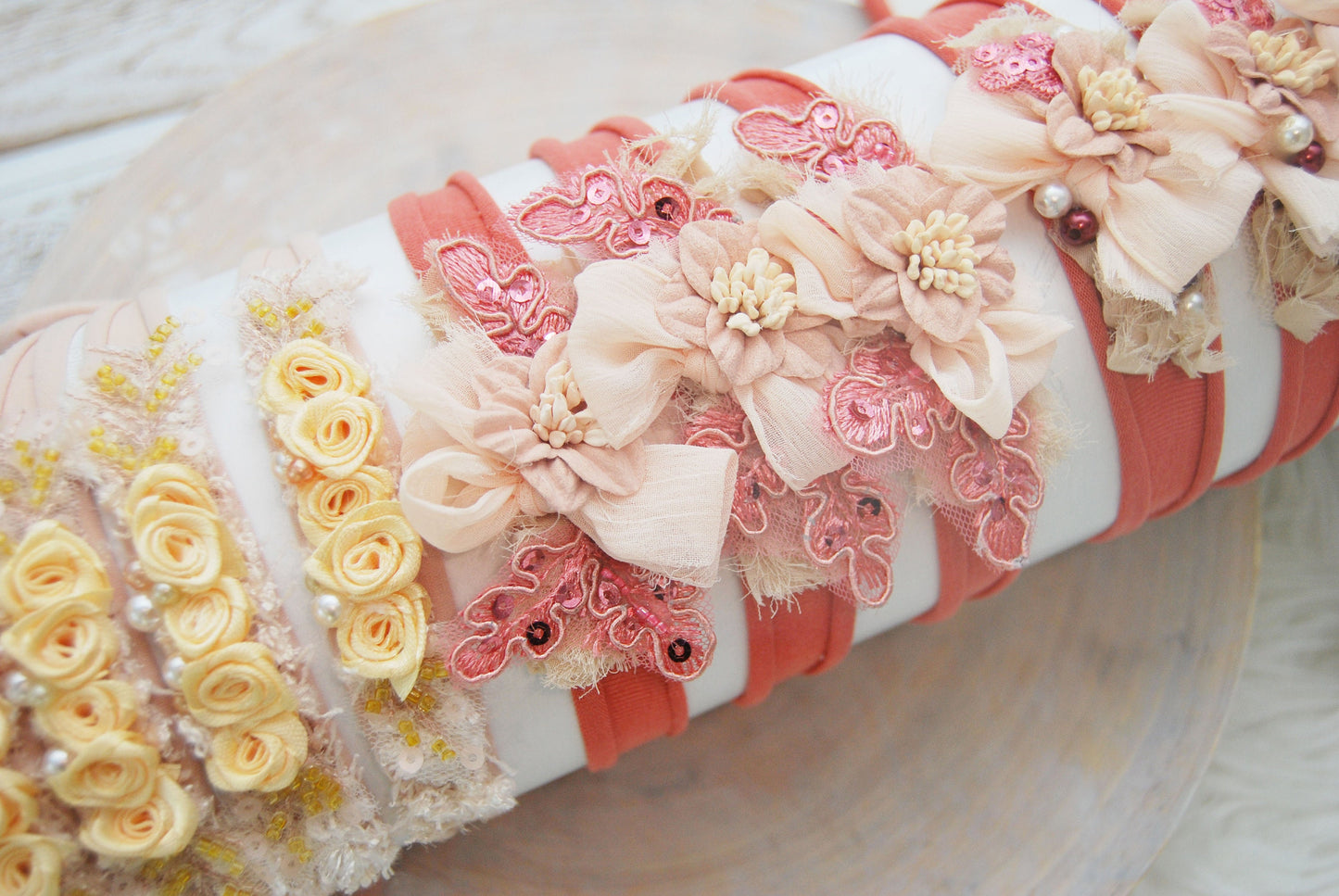 Coral pink baby headband, flower headband for photography, newborn tieback headband with lace and pearls