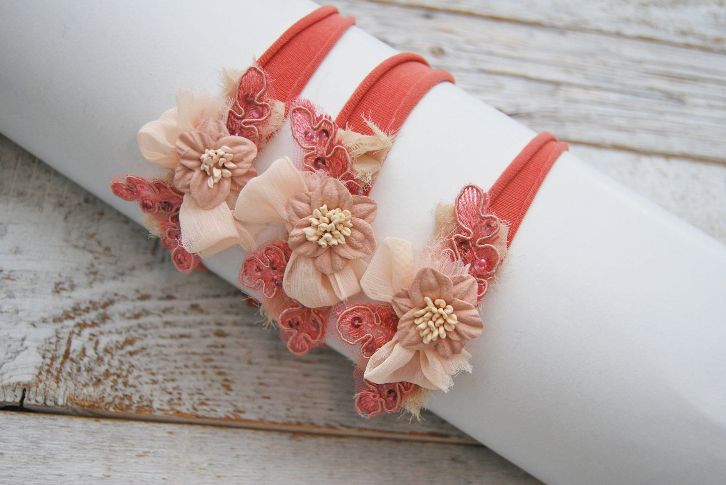 Coral pink baby headband, flower headband for photography, newborn tieback headband with lace and pearls