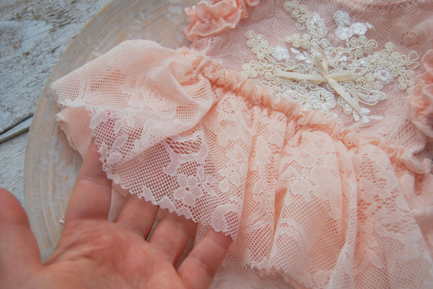 Peach SITTER girl photo prop romper, SITTER lace romper for milestone photo shoot, baby props