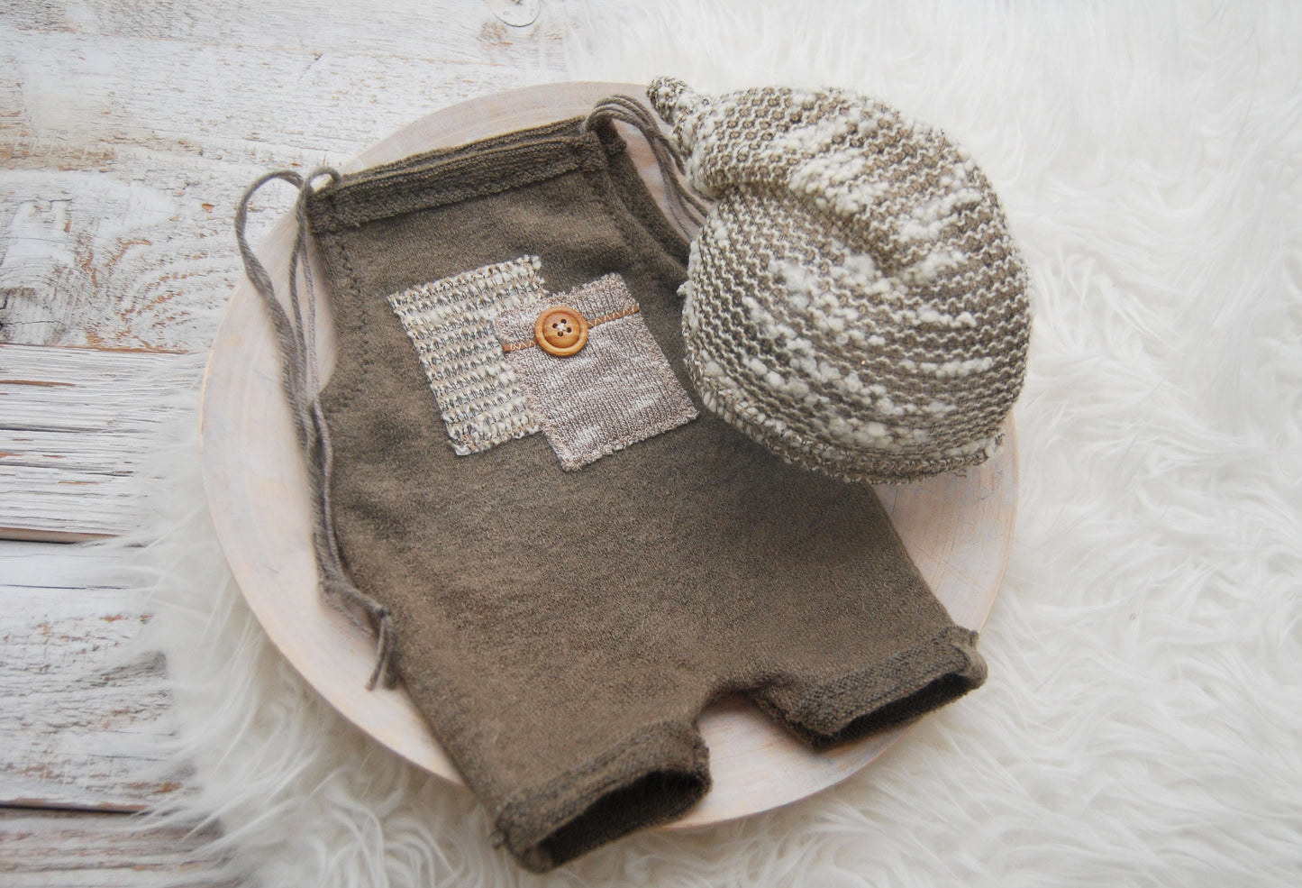 Photography prop set: newborn romper, hat and posing pillow, newborn photo prop baby boy