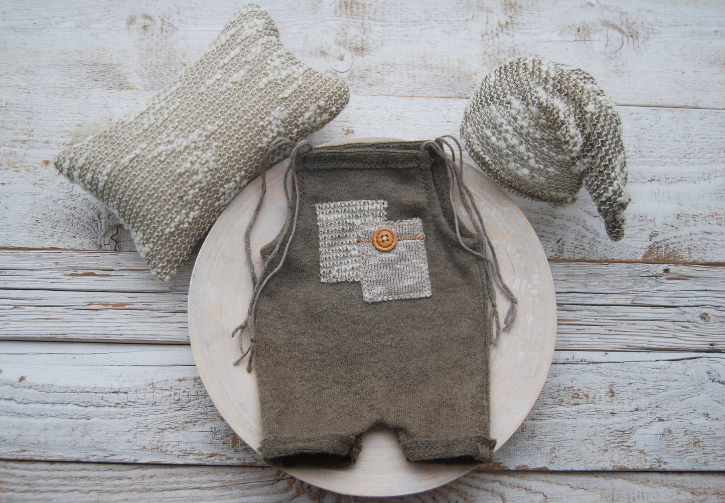 Photography prop set: newborn romper, hat and posing pillow, newborn photo prop baby boy