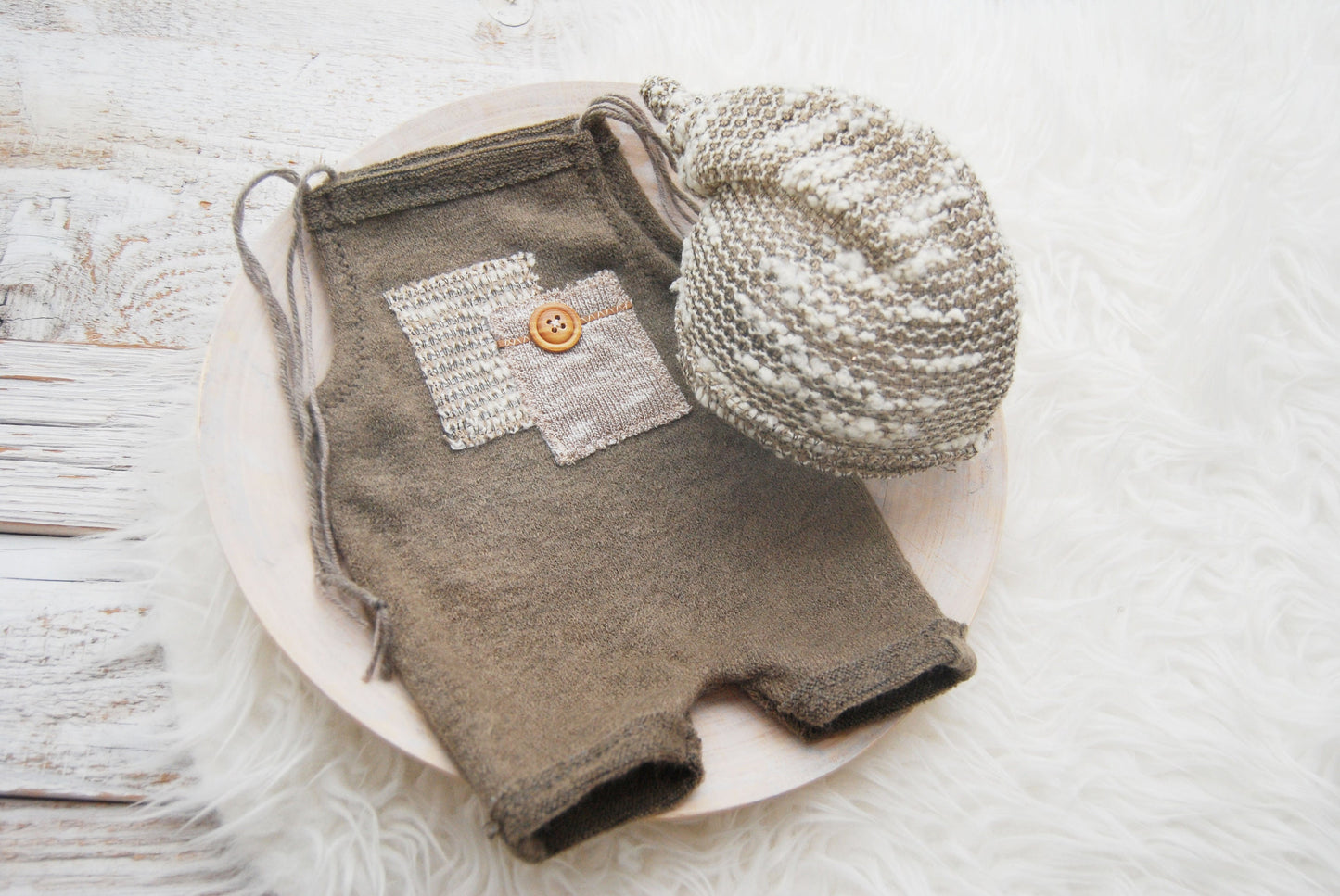 Photography prop set: newborn romper, hat and posing pillow, newborn photo prop baby boy